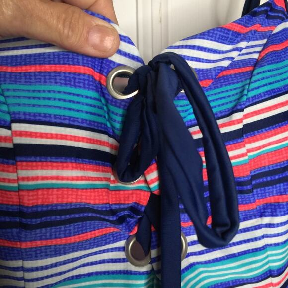 Time And Tru One Piece Swimsuit Lace Up Front Multi-Color Striped Size XL - Picture 3 of 4
